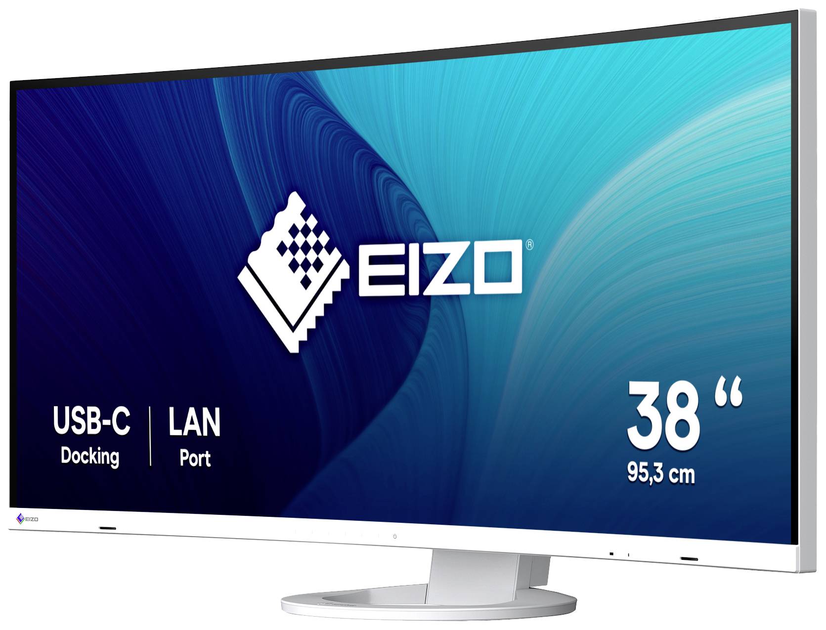 A 38-inch monitor with USB-C and LAN ports. Screen displays the 'EIZO' logo on a blue background.
