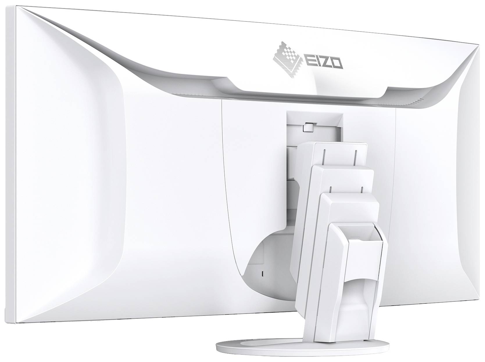 White Eizo monitor viewed from behind, showing the detailed mounting bracket and connections, suitable for office or home workplace.