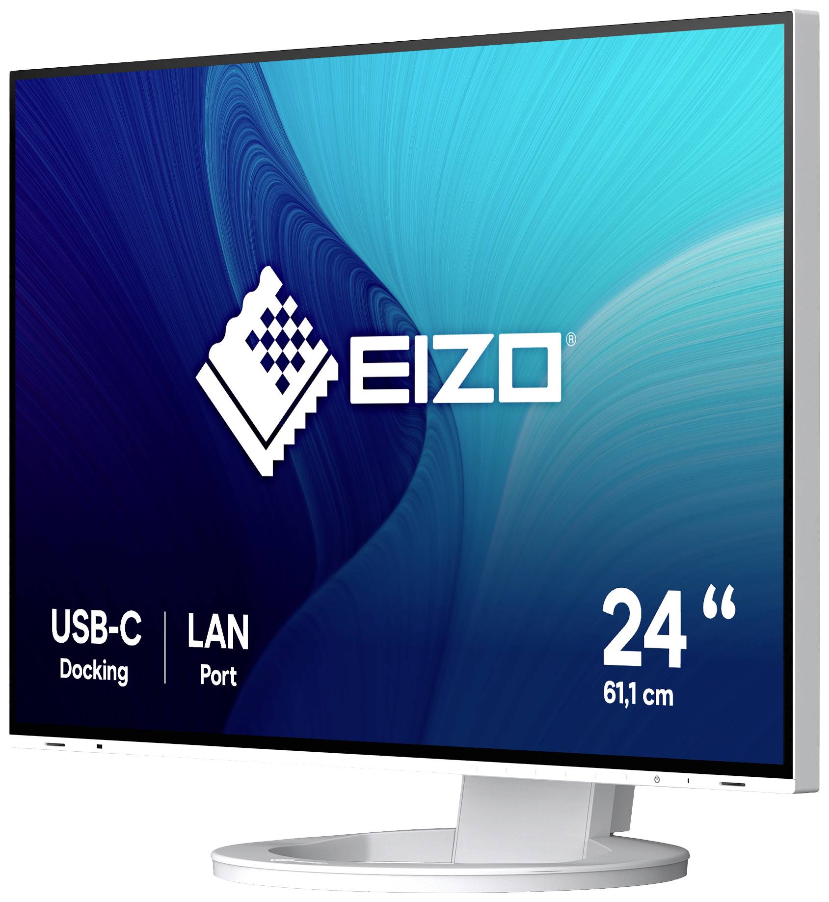 EIZO monitor with a 24-inch screen, USB-C docking and LAN port, positioned on a white stand against a blue background.