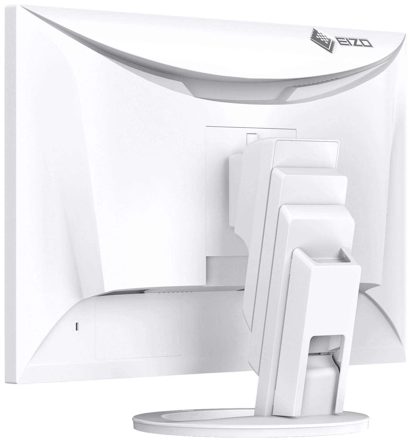 Rear view of a white computer monitor with an adjustable stand, showcasing its sleek design and ergonomic adjustment options.