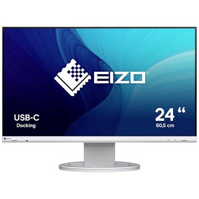 An EIZO computer monitor displays the text 'USB-C Docking, 24 inches, 60.5 cm'. The background is blue.