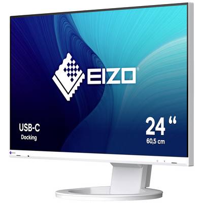 A 24-inch monitor from Eizo with USB-C docking functionality, screen displaying a blue, abstract pattern.