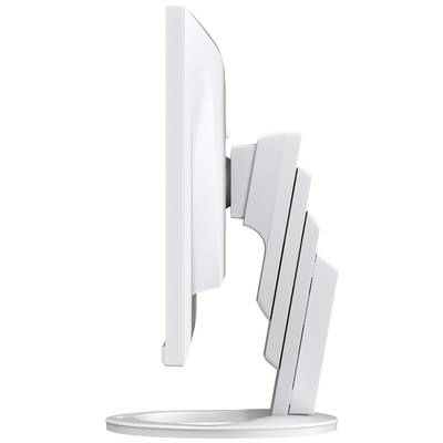 A white monitor from the side, showing adjustable tilt angles on a round stand. Ideal for ergonomic adjustments.