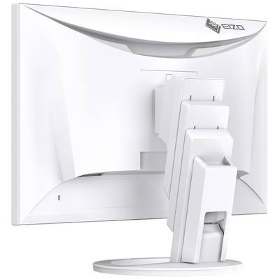 Rear view of a white computer monitor with an adjustable stand, showing range of motion and adaptability.