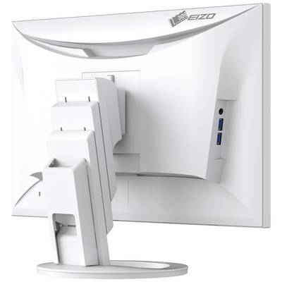 A white computer monitor viewed from behind, showing an adjustable stand and side ports for enhanced connectivity.