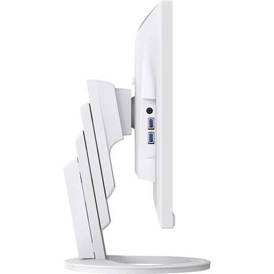 A white computer monitor viewed from the side with an adjustable stand and two USB ports.