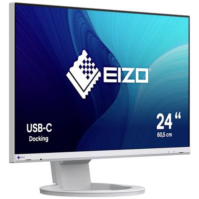 A 24-inch monitor by EIZO with USB-C docking, displayed on a blue, wave-like background.