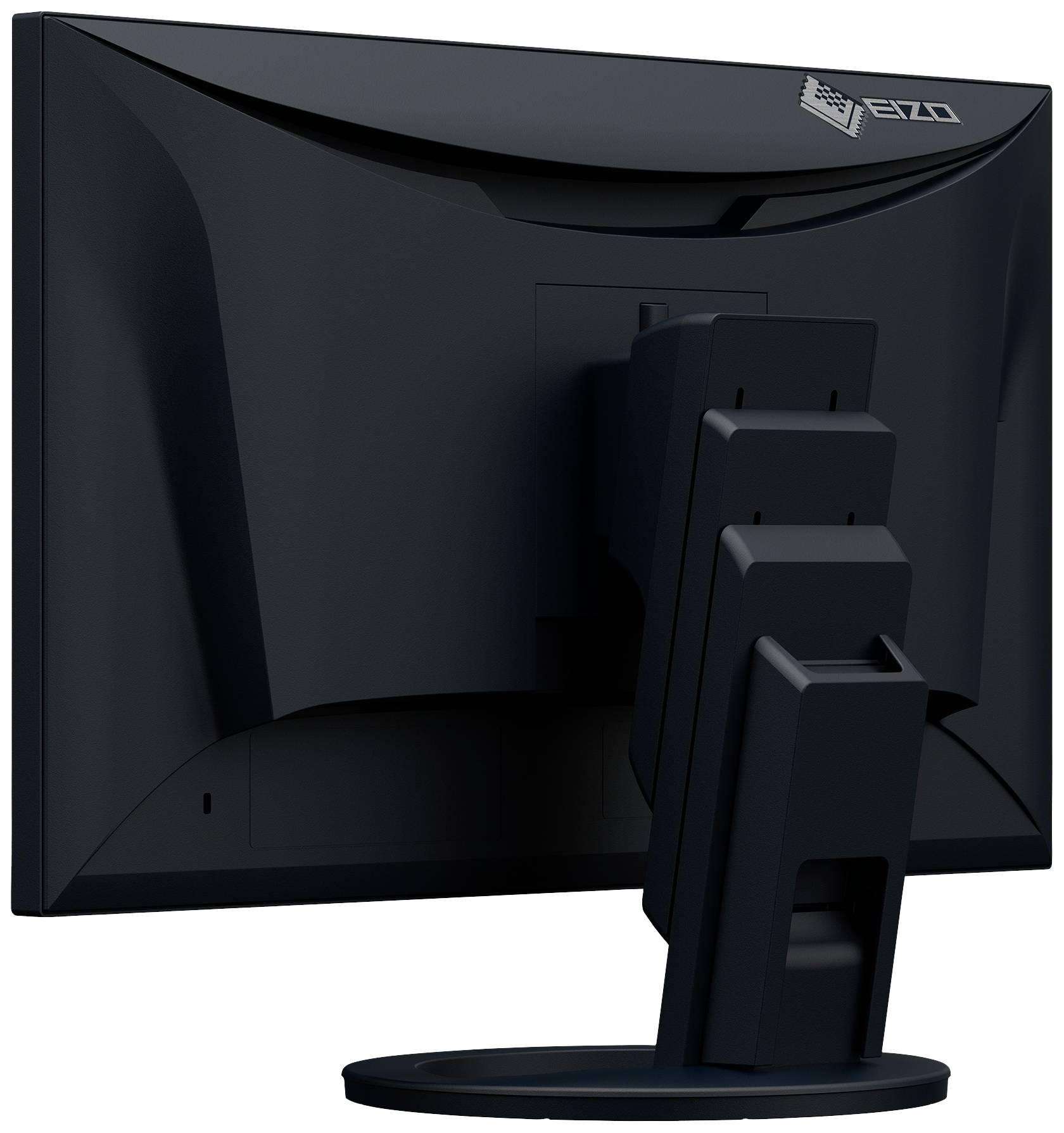 A black computer monitor from behind, identifiable by its sturdy, height-adjustable stand. A logo is visible in the top right corner.
