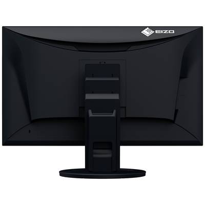 A computer monitor viewed from behind with a large rectangular base.