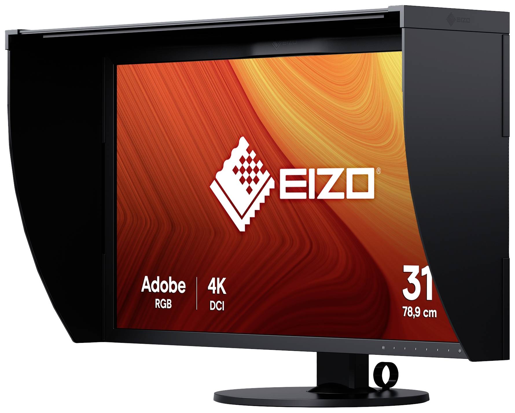 EIZO Monitor with anti-glare hood, displaying Adobe RGB and 4K DCI, 31 inches, black casing, orange-red background.