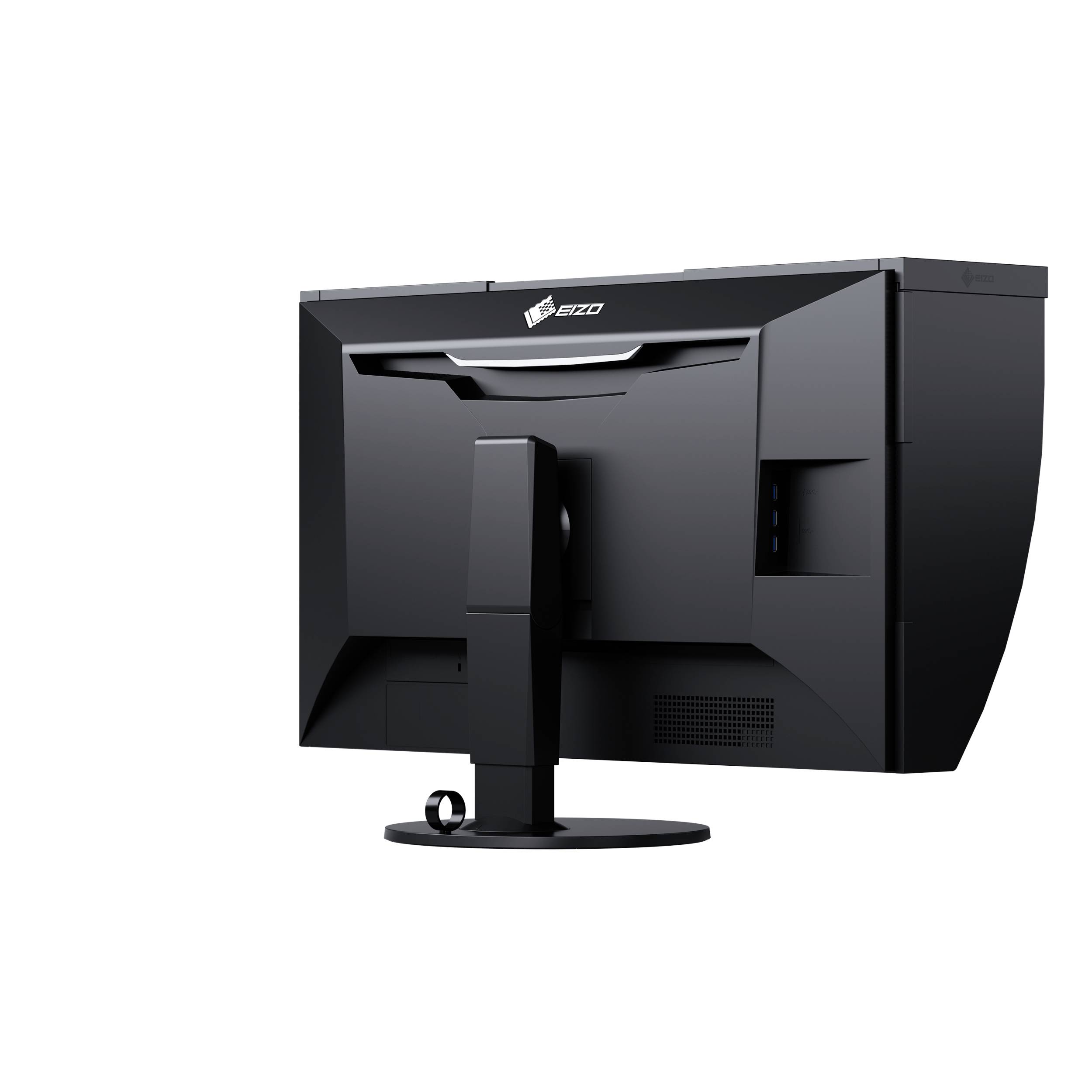 A black computer monitor from behind, with a sturdy stand, marked with 'EIZO'. Suitable for office or home use.