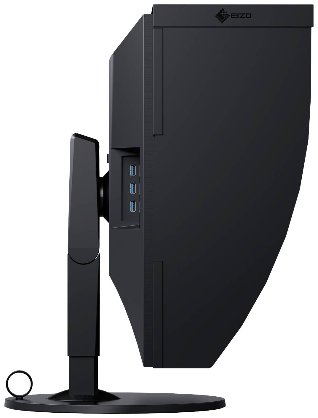 A black monitor from the side, with USB ports on the side and a sturdy stand.