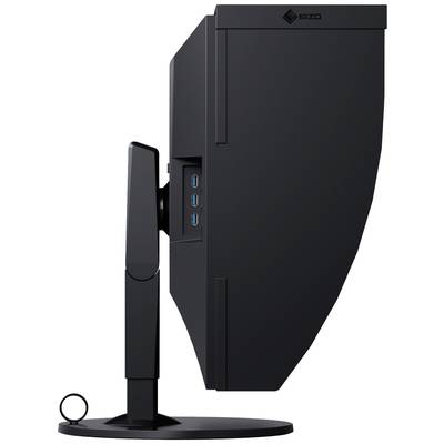 A black monitor from the side, with USB ports on the side and a sturdy stand.
