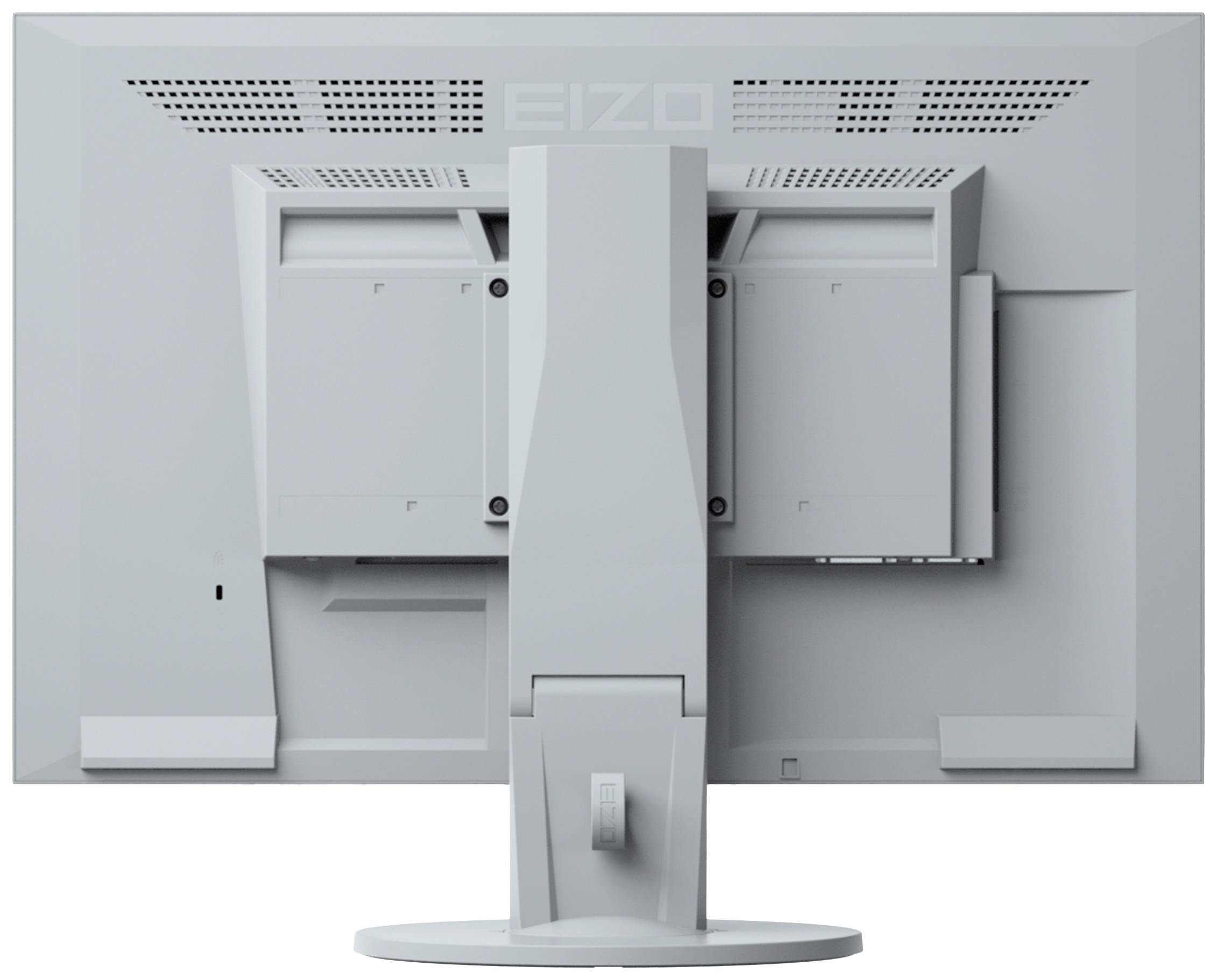 The screen displays the rear of a grey monitor with a sturdy stand and cable management, with no visible ports.