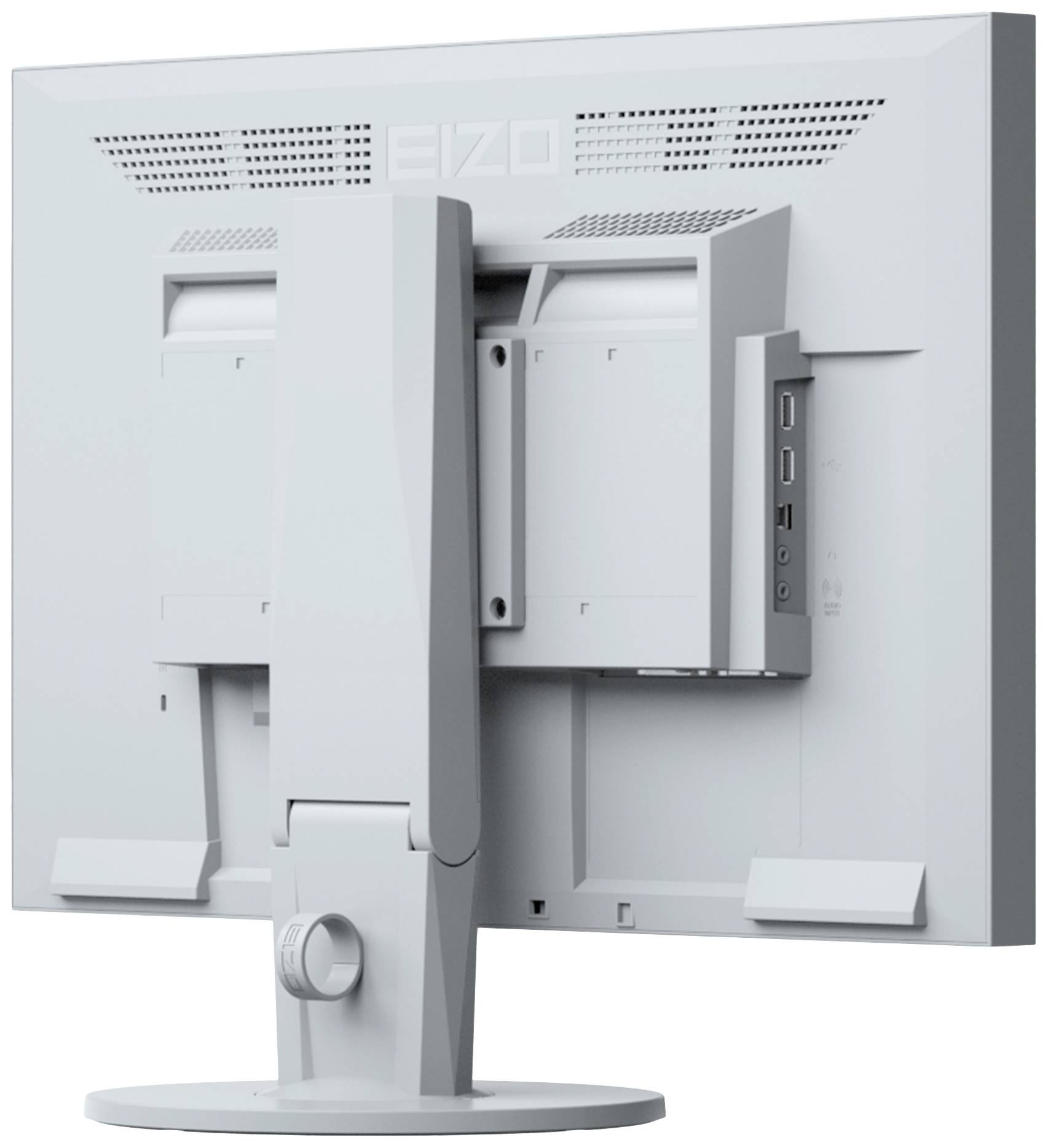 A grey computer monitor viewed from the back, with a sturdy stand and multiple ports on the right-hand side.