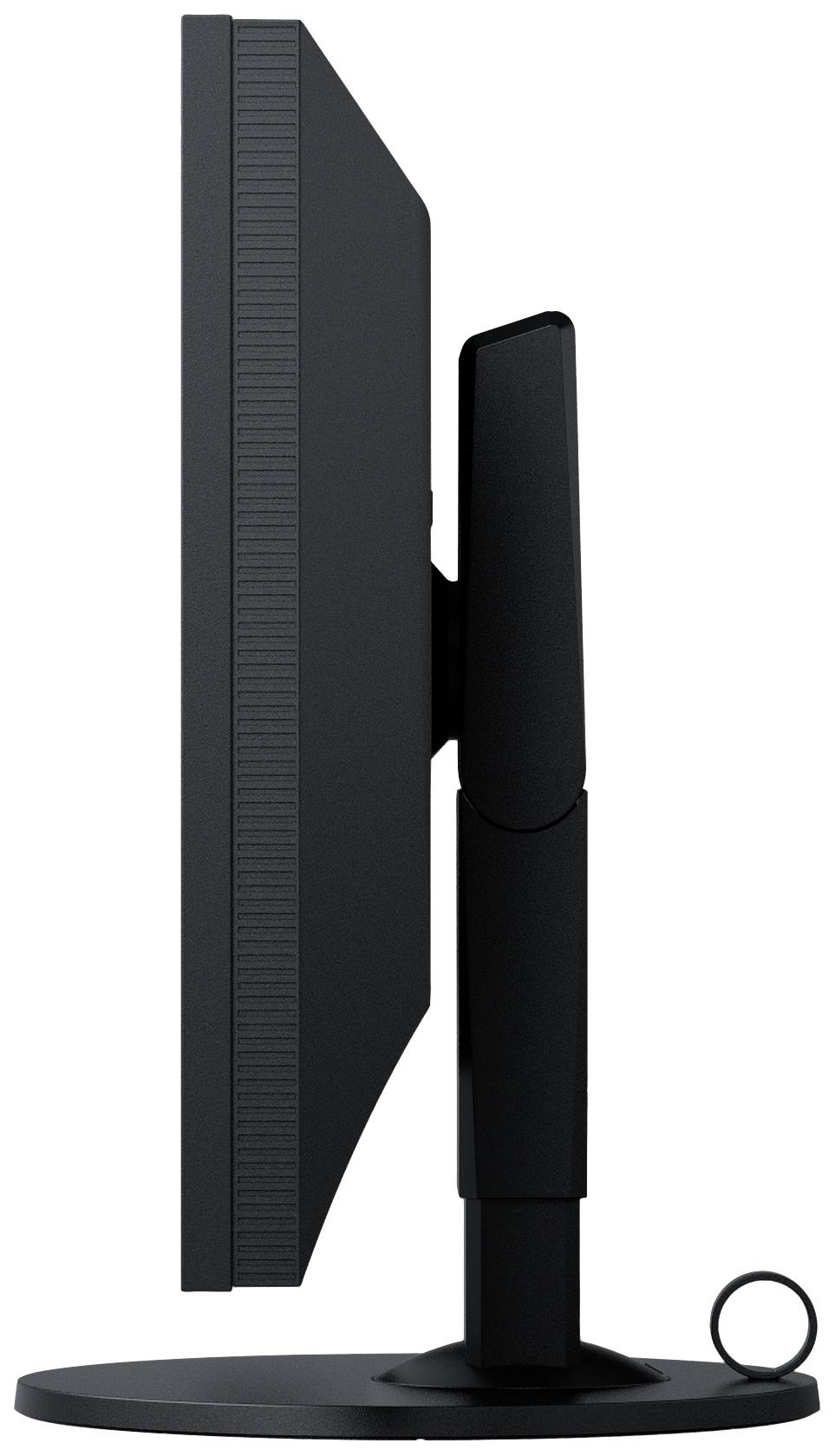 A black computer monitor is shown from the side, standing on a round base and featuring a sleek design.