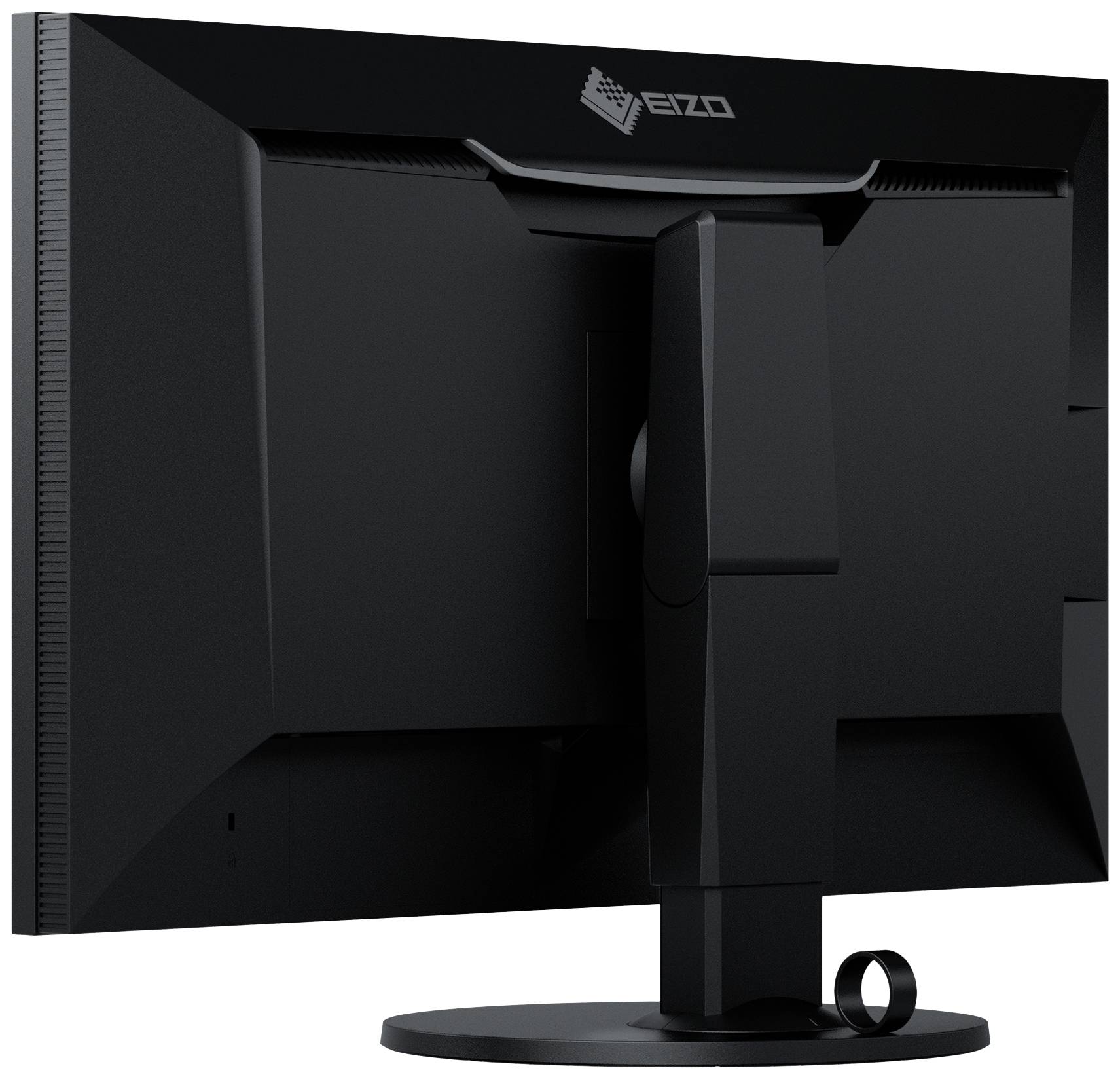A black computer monitor, viewed from behind. It has a sturdy stand and a cable management system.