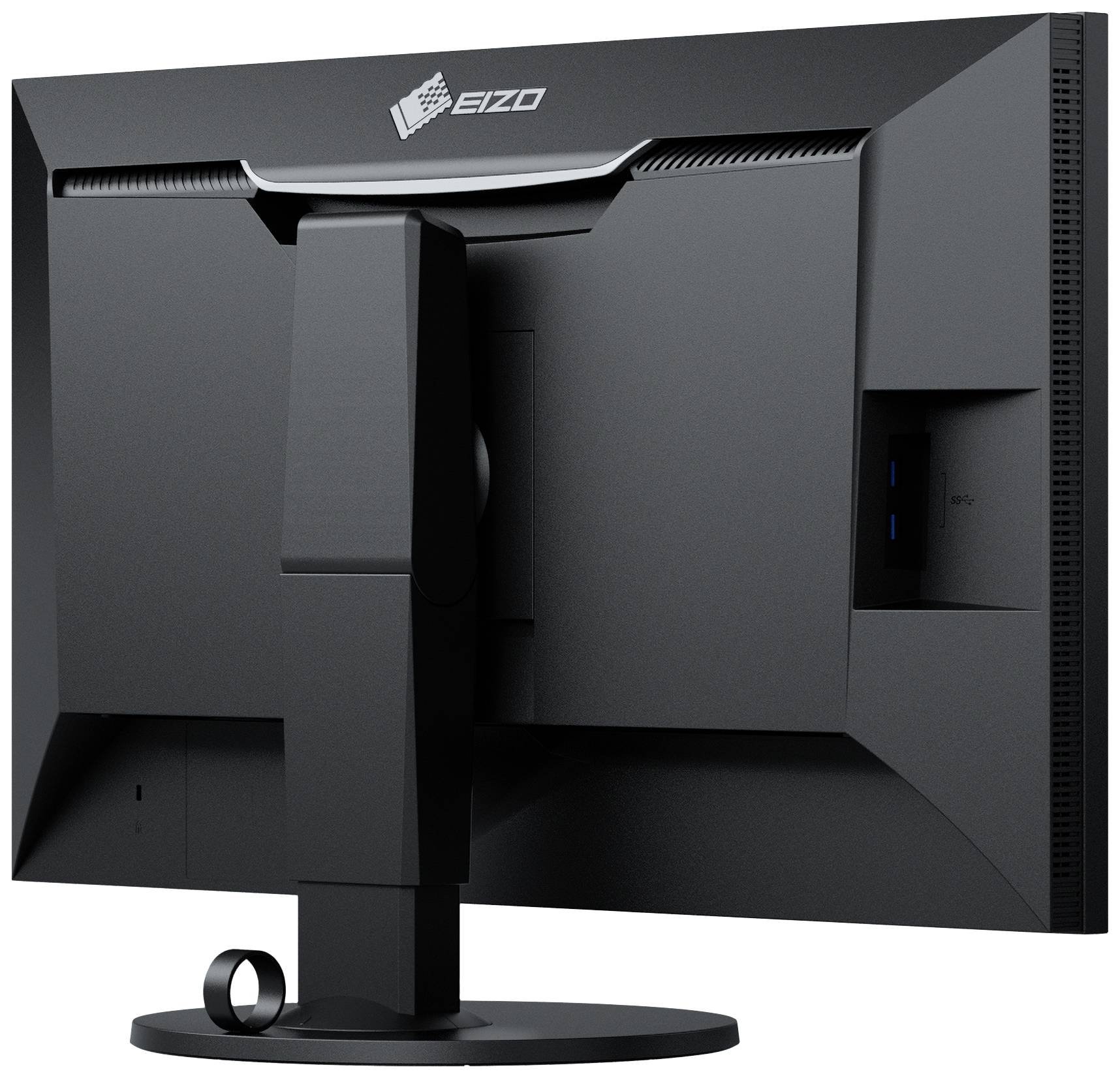 A black computer monitor viewed from behind, showing the stand and several ports on the right-hand side.