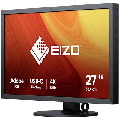 A black monitor displays the EIZO logo on an orange-red background. Below are 'Adobe RGB', 'USB-C Docking', '4K UHD' and '27 inch' indicated.