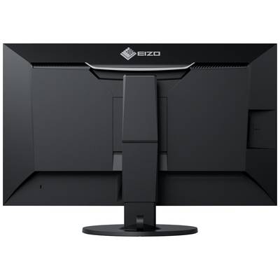 Rear view of a black monitor on a circular stand; logo visible at the top.