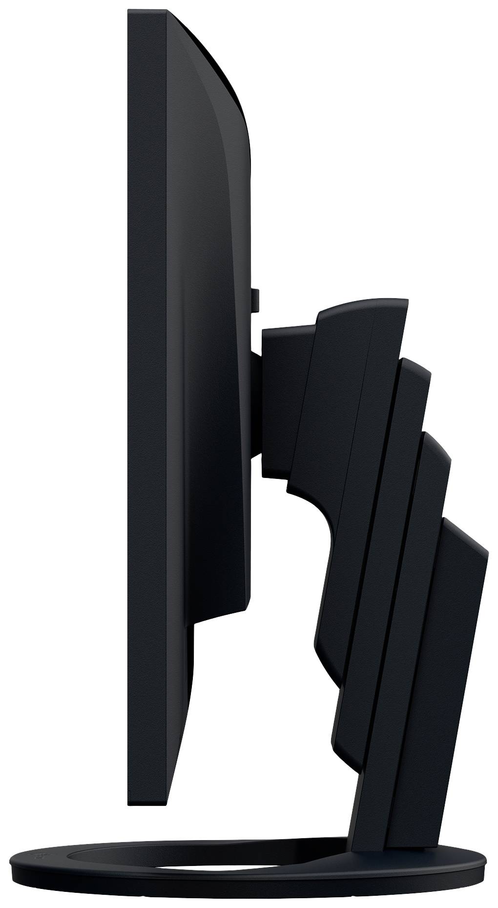 Side view of a black computer monitor with an adjustable stand, showing flexible tilt and height adjustment.