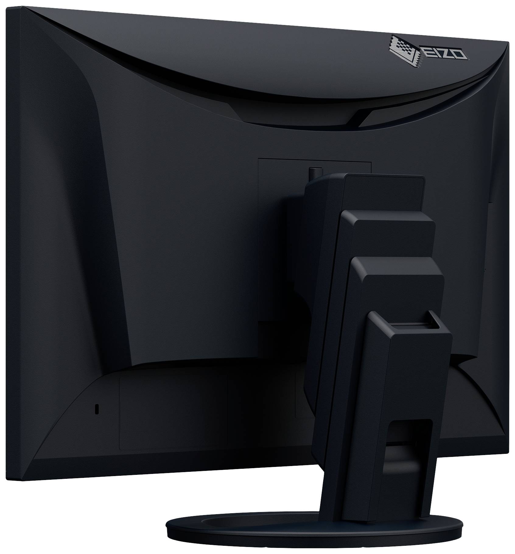 A black monitor from behind with an adjustable stand. The brand logo is visible in the top right corner.