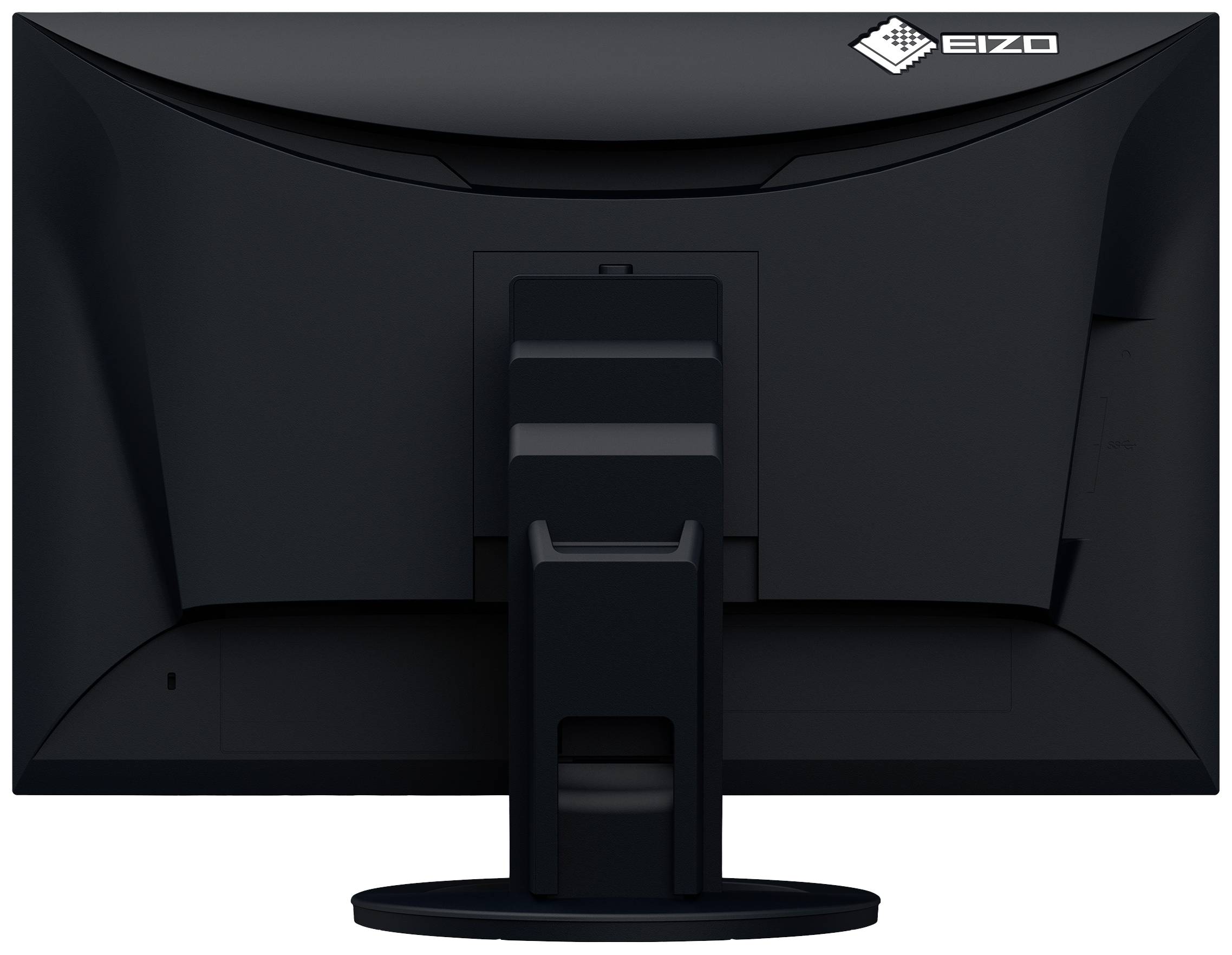 Rear view of a black monitor with a swivel stand and manufacturer logo in the top right corner.