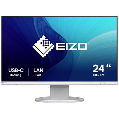 A 24-inch monitor by EIZO with a USB-C docking station and LAN port. The screen displays a blue background pattern.