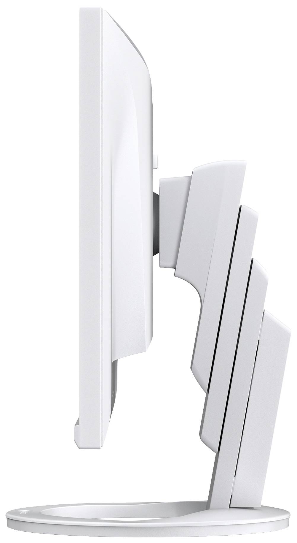 Side view of a white computer monitor with an adjustable stand, demonstrating its flexibility and height adjustability.