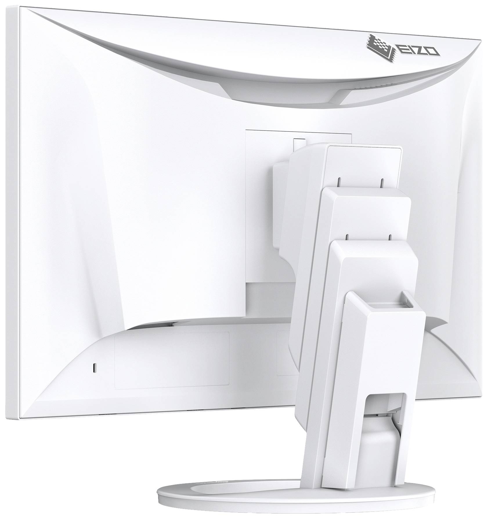 A white computer monitor viewed from behind, with an adjustable stand, shows a sleek design. Brand logo visible in the top right corner.