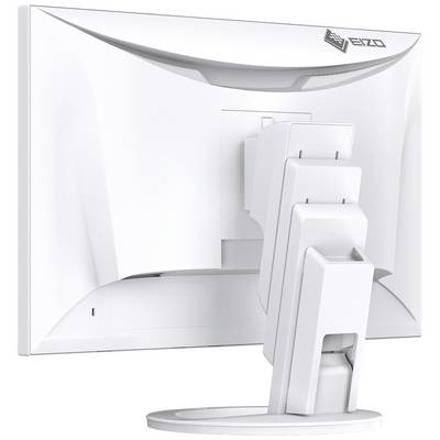 A white computer monitor viewed from behind, with an adjustable stand, shows a sleek design. Brand logo visible in the top right corner.