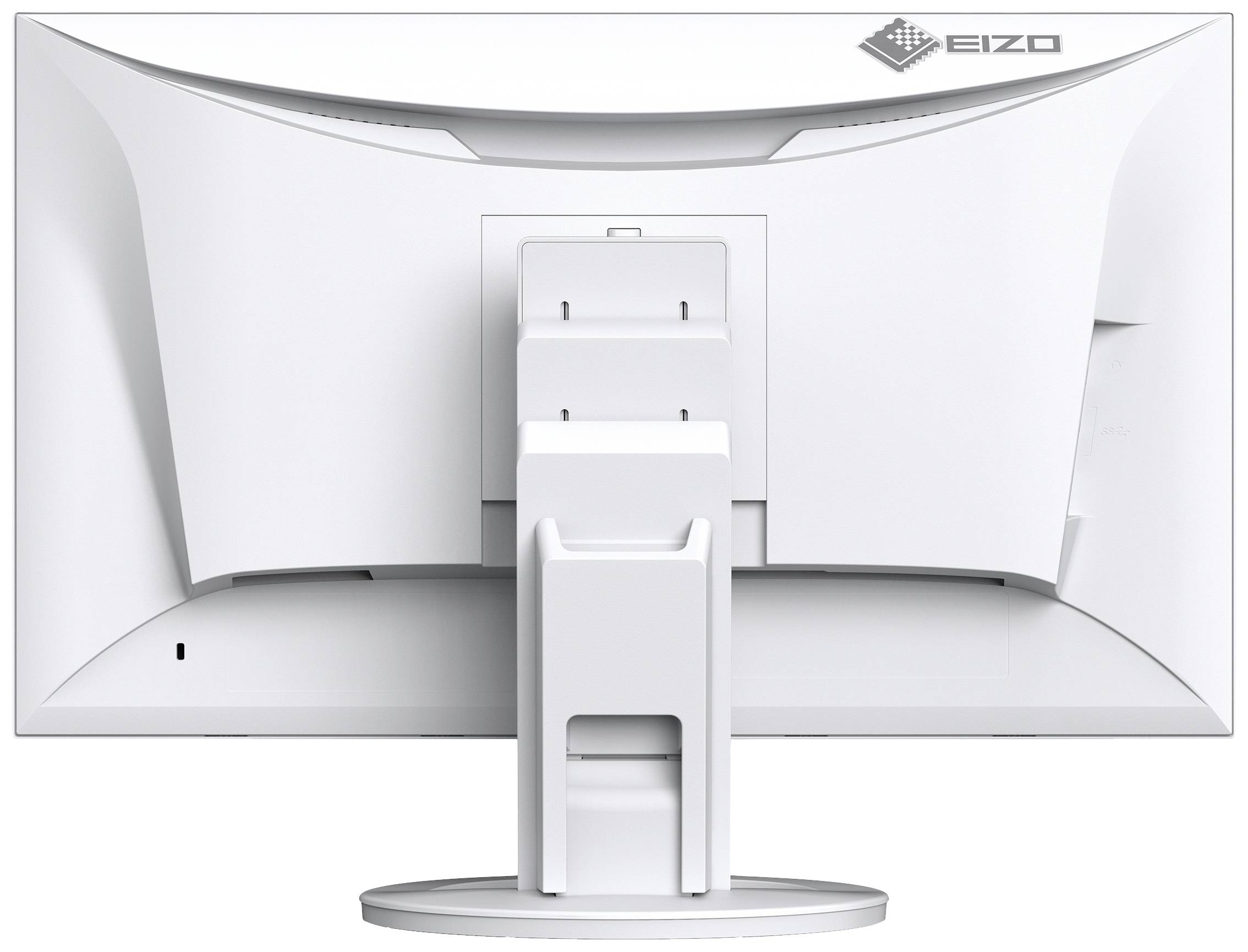 Back of a white computer monitor with an EIZO logo, showing ventilation slots and an adjustable stand.