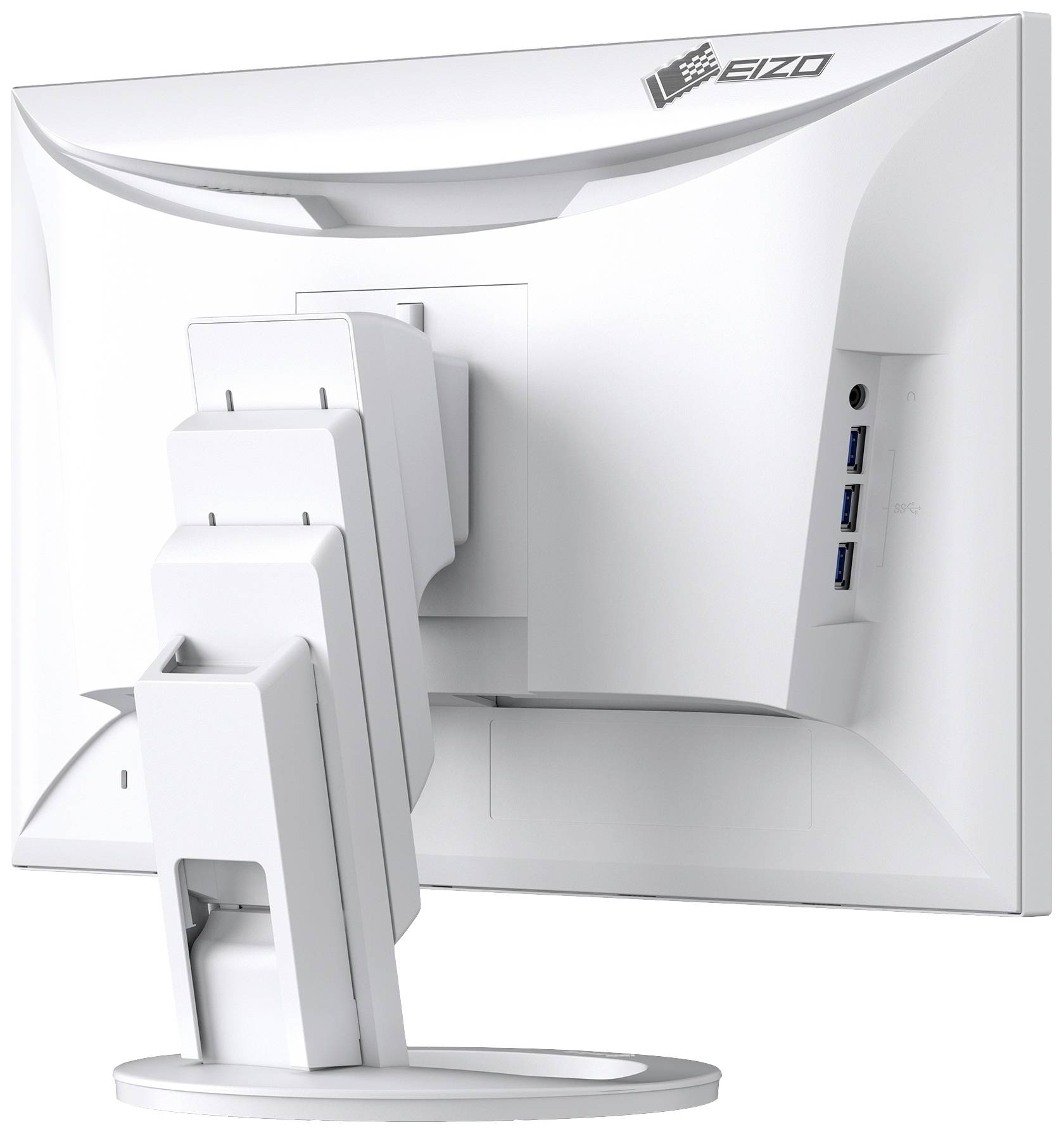 Rear view of a white monitor with an adjustable stand and multiple USB ports.