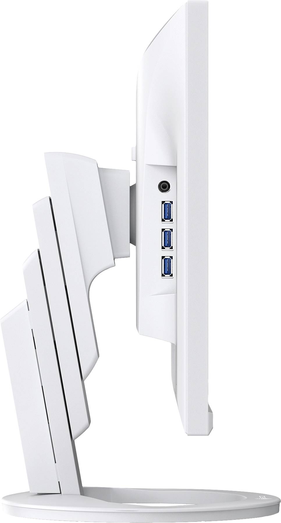 Side view of a white monitor with three USB ports at the rear, shown in profile on a circular stand.