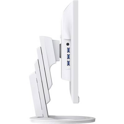 Side view of a white monitor with three USB ports at the rear, shown in profile on a circular stand.