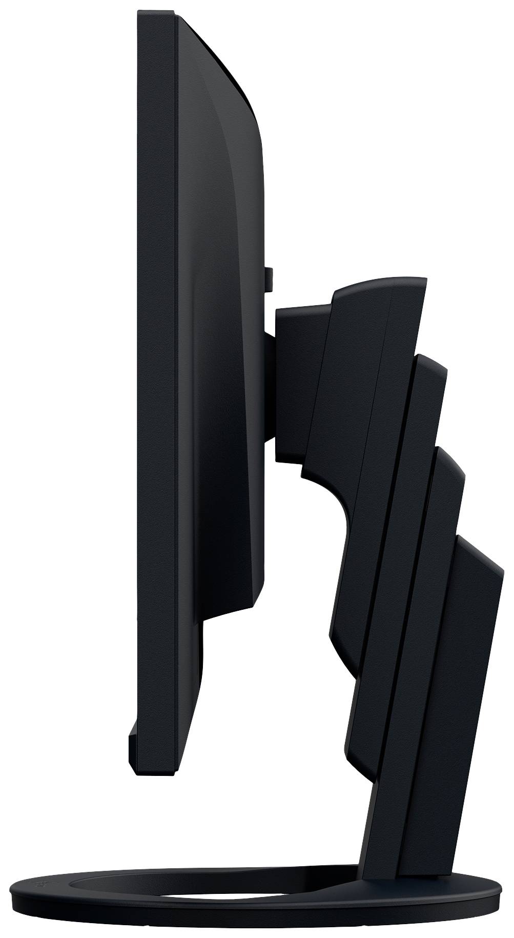 A black computer screen is shown from the side, mounted on an adjustable stand. The background is white.