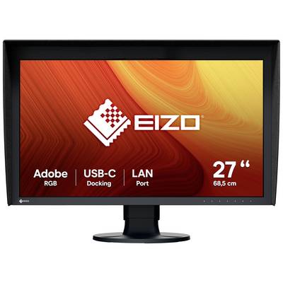 A black monitor with a colourful screen displays the 'EIZO' logo and the inscription 'Adobe RGB, USB-C Docking, LAN Port, 27 inches'.