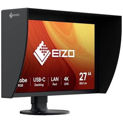 A black EIZO monitor with a screen hood displays an orange-red screen with the text 'Adobe RGB', 'USB-C Docking', 'LAN Port', '4K UHD', '27" 68.4 cm'.