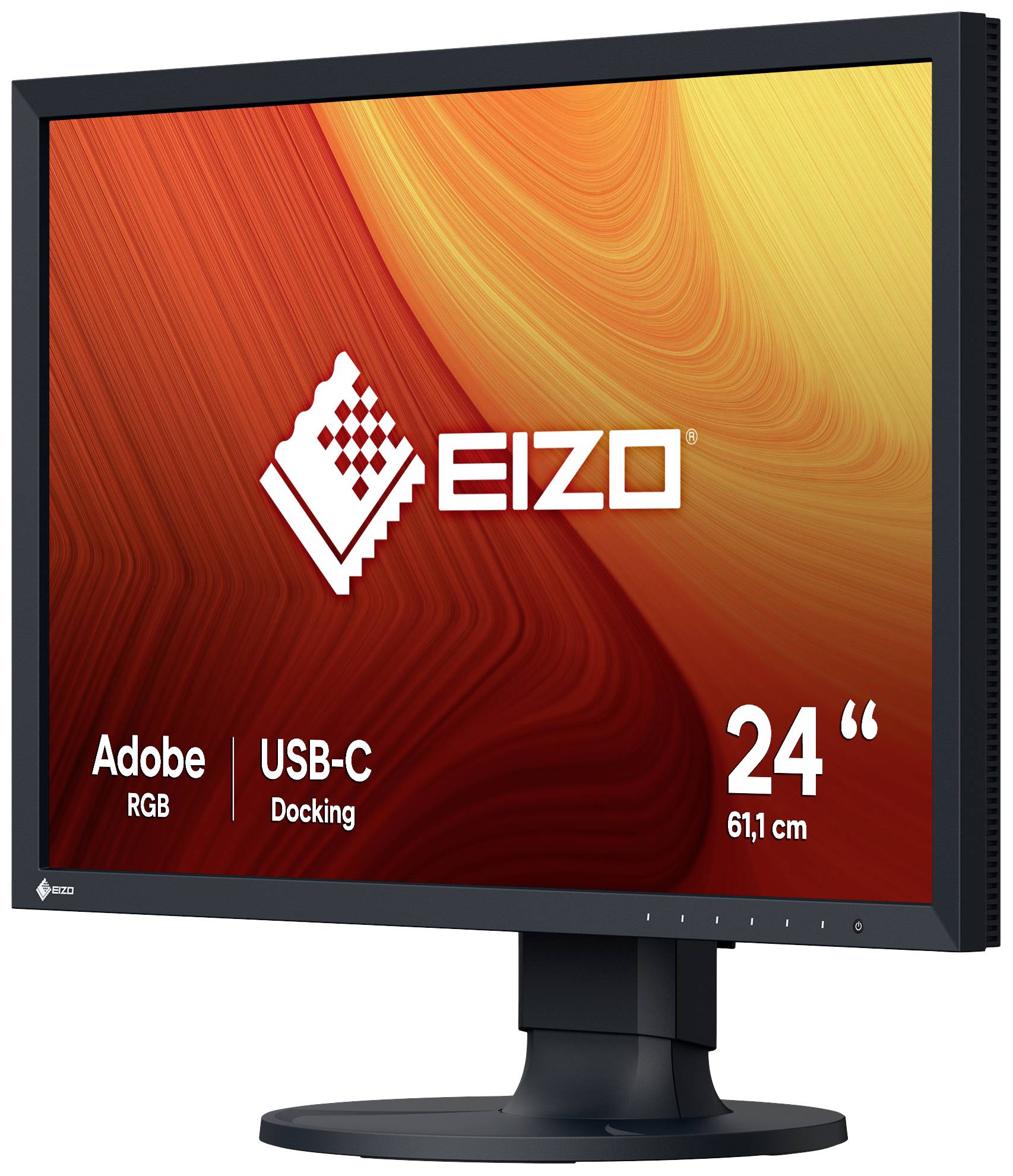 A 24-inch (61.1 cm) Eizo monitor with Adobe RGB and USB-C docking. Background in warm colours.
