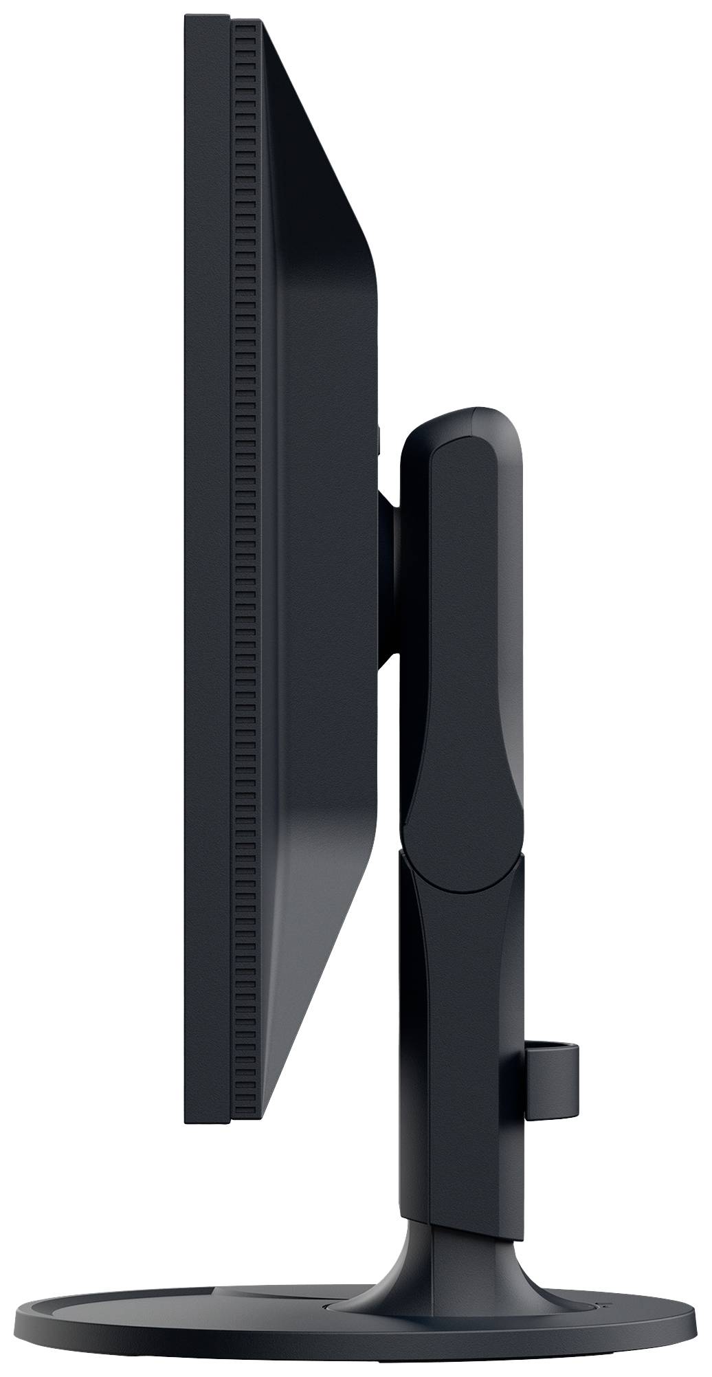 Side view of a black computer monitor on a round stand, vertically positioned, with a high-contrast surface.