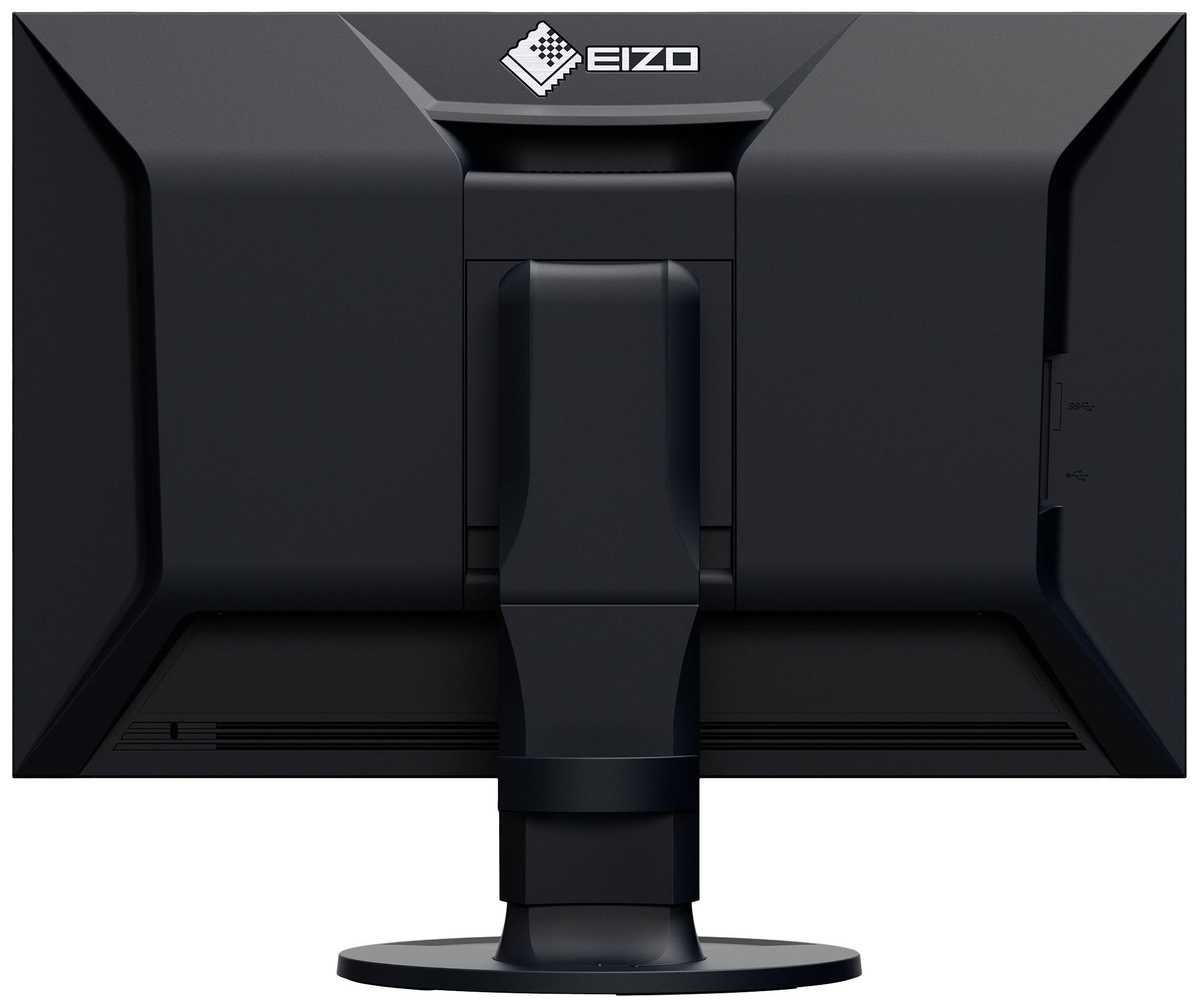 Rear view of a black EIZO monitor standing on an adjustable stand.