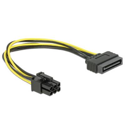 A black and yellow SATA to 6-pin PCIe power adapter cable, approximately 20 cm long.