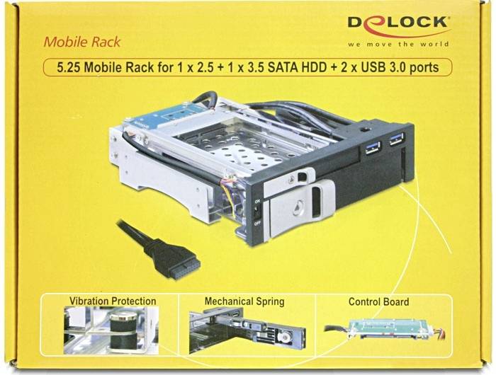 Yellow packaging for a Delock mobile rack with 5.25 inch, suitable for 1x 2.5" + 1x 3.5" SATA HDD and 2x USB 3.0 ports.