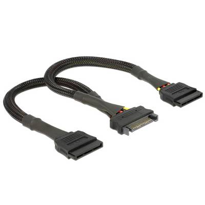 A black SATA power cable with two connectors, suitable for connecting internal hard drives or SSDs to a power supply.