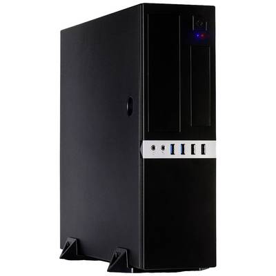 Black computer case with vertical orientation, front-facing USB ports and power button; minimalist design.
