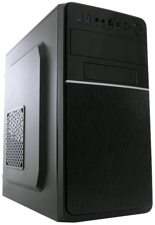 Black computer tower with ventilation slot on the side and USB ports on the front; standing upright.