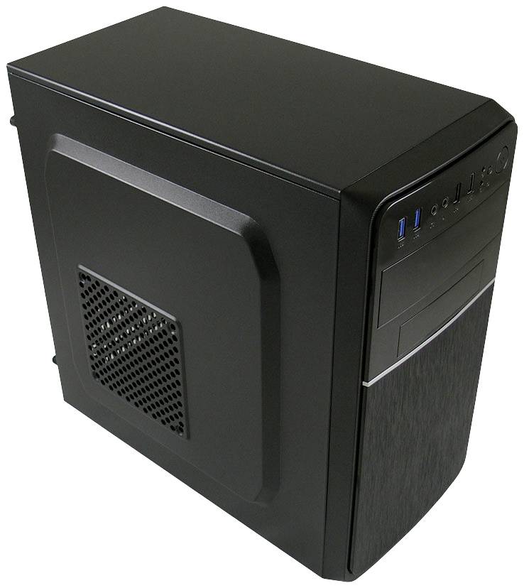 Black computer case with ventilation slots on the side and USB ports on the front.