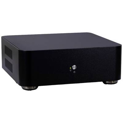 Black, rectangular electronic device with a power button and LED indicator on the front. Most likely an amplifier or computer casing.