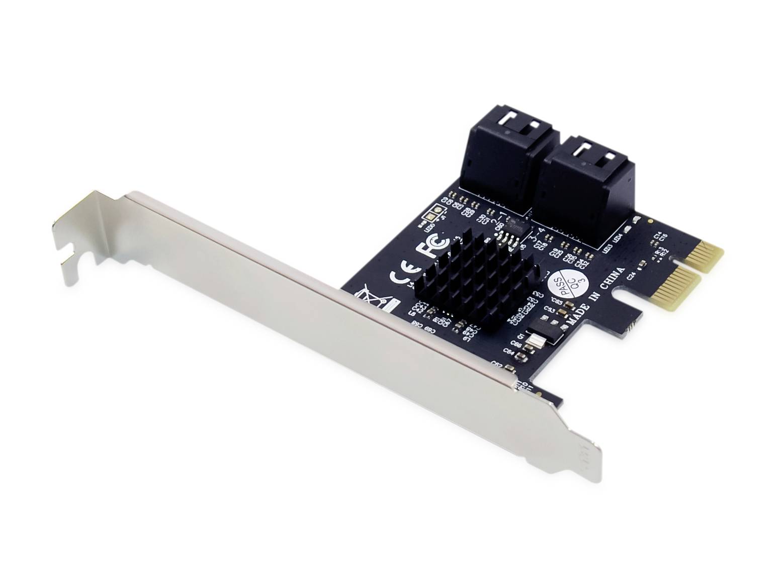 A PCIe card with two SATA ports for expanding storage connections in a computer.
