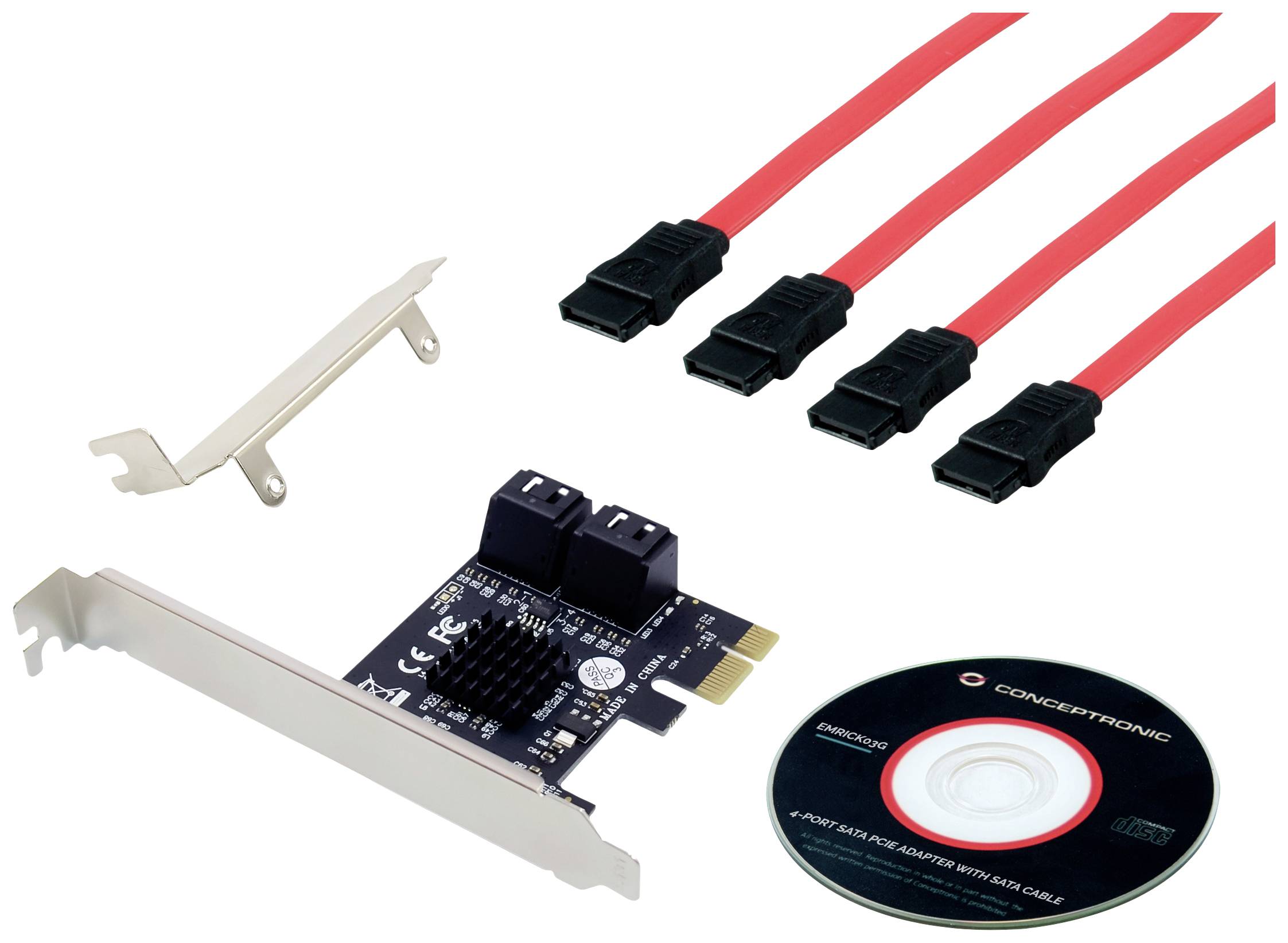 'PCIe card with SATA ports, four red SATA cables and driver CD, shown next to a slot bracket.'
